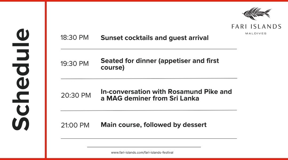 Schedule for Fari Islands Festival dinner with Rosamund Pike